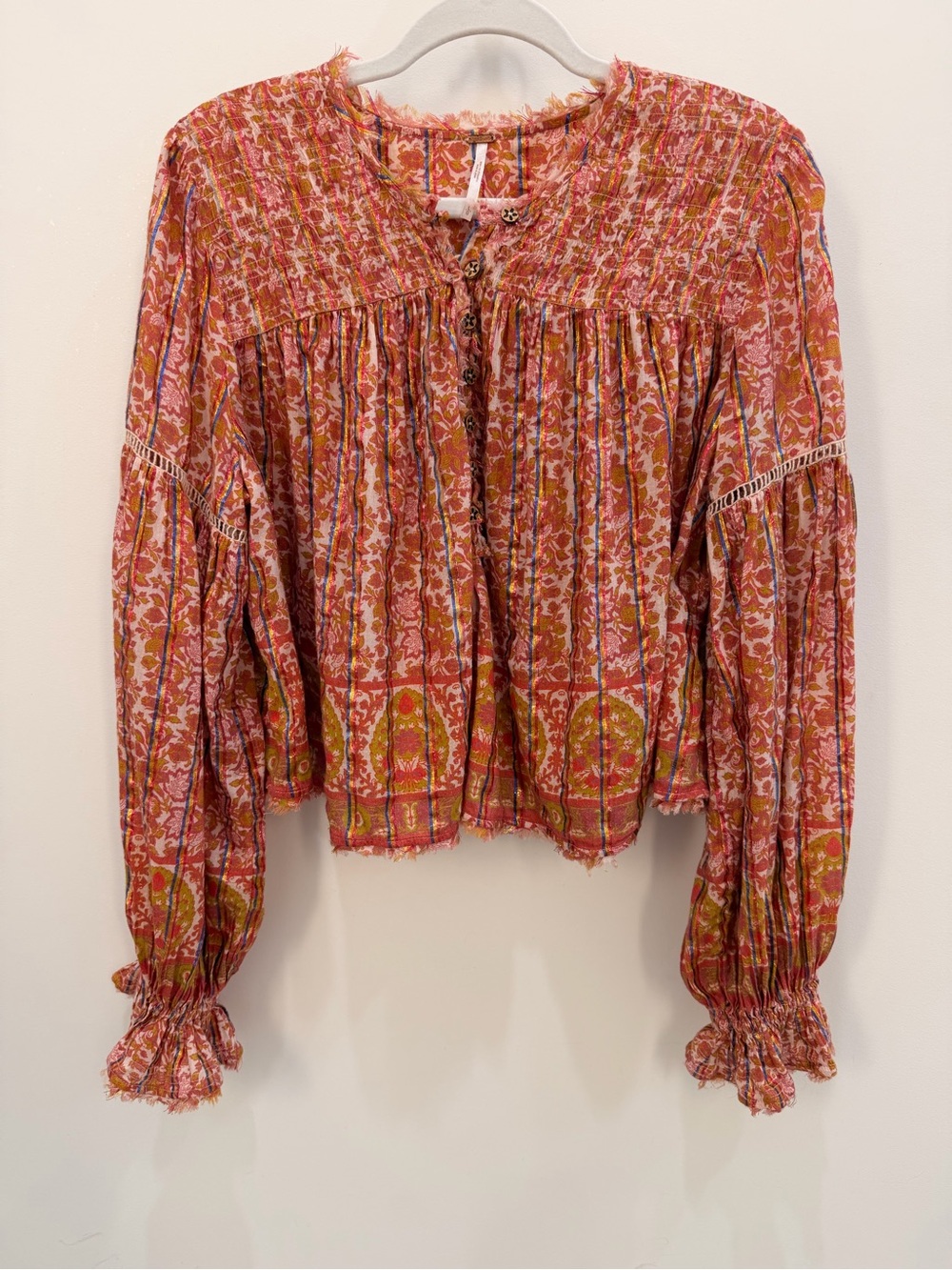 Free People Pink Rust Floral Smocked Boho Blouse